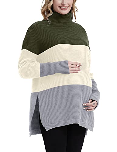 GINKANA Maternity Sweater Turtleneck Side Split Long Sleeve Shirt Casual Tunic Pullover Sweater Knit Tops for Daily Wear, Green+white+grey, Large