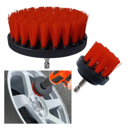 ZIMISI 2PCS Car Detailing Drill Brush Set, 2" & 4" Power Carpet Scrubber, Nylon Bristle Wheel Cleaner Brush with Drill Attachment, Car Wash Cleaning Kit for Floor Mats, Bathroom (Red)