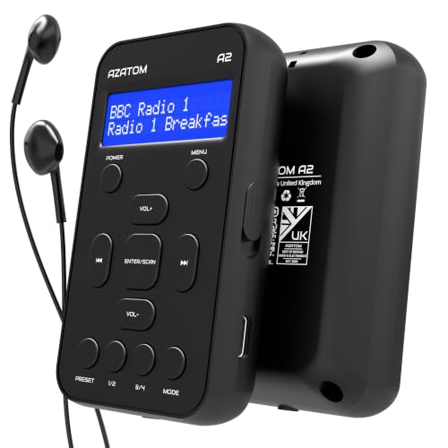 Image of Portable DAB/DAB+ & FM Digital Radio | Sports Earphones Included | Clear Digital Display | Rechargeable Battery (10-12 Hours) | Perfect for Sports, Hiking or Working | AZATOM A2 (Black)