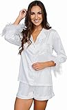 pigiami piuma per le donne in raso di seta pigiama set con pantaloncini da donna 2pc pj set damigella d'onore sposa pj button down pigiami da sposa pigiama da sposa loungewear, bianco, xl