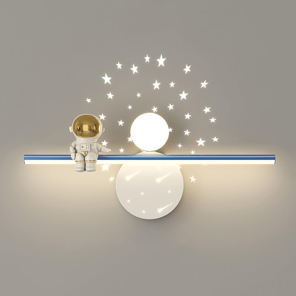 SXSCARKX Modern Light Luxury Wall Mounted Reading For Kids Room Astronaut Long Linear Dimmable LED Sconce With Projector Stars Bedside Lamp Children Bedroom Nursery