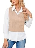 HOCOSIT Women's Knitted V-Neck Vest Argyle Plaid Preppy Style Sleeveless Pullover Crop Sweater Vest Khaki Small