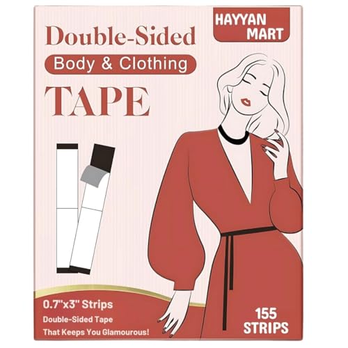 155 Strips Double-Sided Clothing Tape, Strong Body Tape for Women, Skin & Fabric Friendly, Heavy Duty, Invisible, Pre-Cut Strips, No Residue, Gentle for Sensitive Skin, All-Day Hold