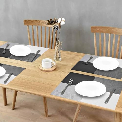 Image of Placemats Set of 6 Dining Table Place Mats | Placemats Table Mat PVC Material | Non-Slip Heat Resistant | Dining Tablemates Washable Anti-Skid | Size 45 x 30cm (Black White Lattice Block)