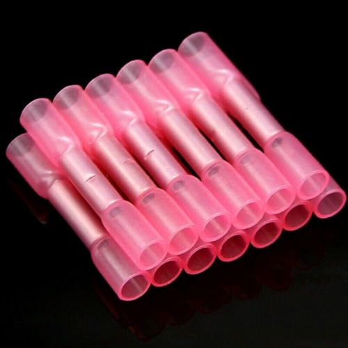 100 Pcs Heat Shrink Wire Crimp Connectors with Butt Sleeves for Secure Cable Join - Red (22-18AWG)