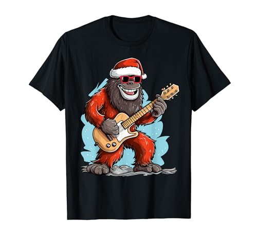 Bigfoot Playing Guitar Santa Hat Christmas Bigfoot Xmas Camiseta