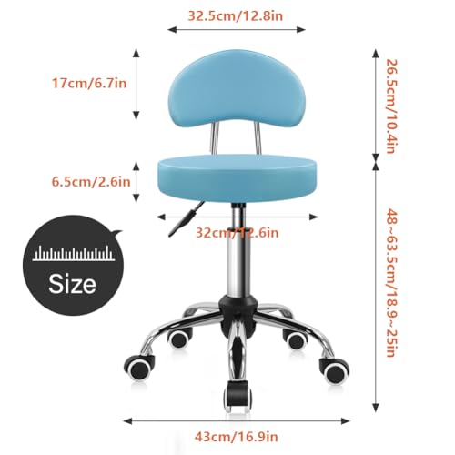 KKTONER Rolling Stool with Mid Back Height Adjustable Chair PU Leather Swivel Chair with Wheels for Office Home Task Drafting Sky Blue