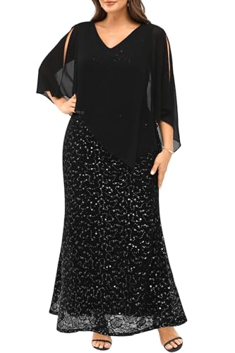 Plus Size Formal Dress - Evening Sequin Lace Long Mermaid Prom Dress with Chiffon Overlay Cape
