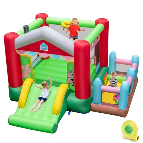 COSTWAY Kids Bouncy Castle with Slide, Ball Pit and Hoop