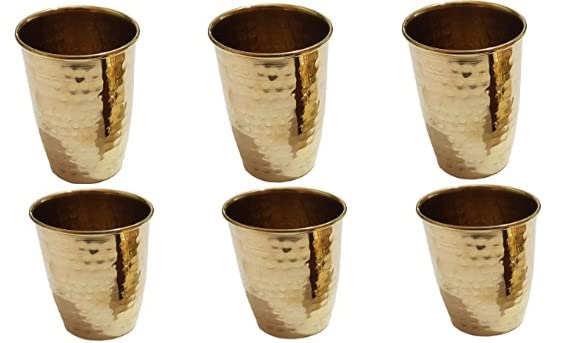 Pure Brass Lassi Glass Tumbler Dotted Design Drinkware 250 ML Set of 6 Pcs