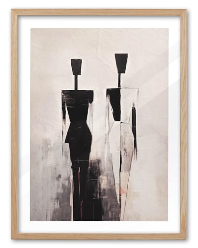 EcoHest Contemporary Abstract Figures Framed Wall Art, 12x16 in OAK Wood Modern Minimalist Canvas Wall Art, Black and White Bedroom Decor, Japandi Art Set of 1 for Living Room