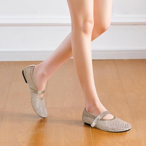 Mesh Ballet Flats Mary Jane Flats Round Toe Slip On Shoes Casual Breathable Ballerina Flats Gold3