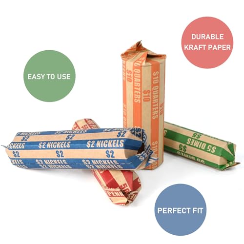 Image of DGBDPACK 1000 Assorted Flat Coin Wrappers, 300 Quarters, 300 Pennies, 200 Dimes, 200 Nickels, Convenient Pack
