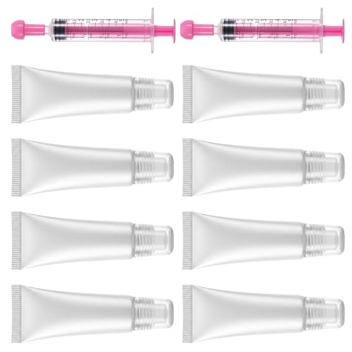 FNANJWQ 7Pcs Empty Lip Gloss Tubes - 8ml Clear Empty Lip Balm Containers with 5ml Syringes, Refillable Mini Squeeze Tubes for Lips Balm and Travel Toiletries