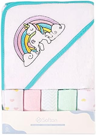 softan Baby Hooded Bath Towel Soft and Absorbent for Newborn 1pack (66×76cm) Baby Bath Towel & 5 Pack Washcloths Set