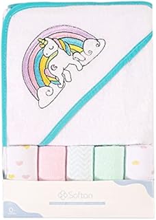 softan Baby Hooded Bath Towel Soft and Absorbent for Newborn 1pack (66×76cm) Baby Bath Towel & 5 Pack Washcloths Set