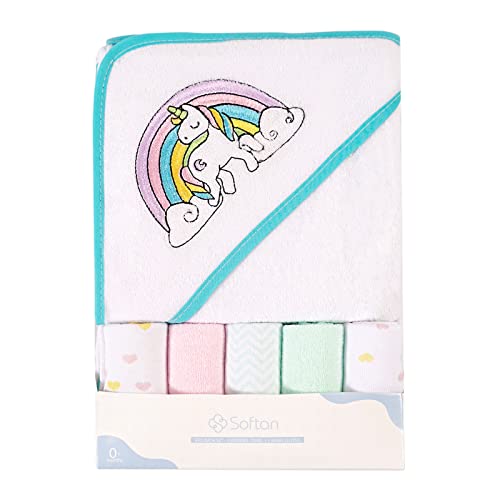 Toalla de baño con capucha y toallitas para bebé, Extra suave y ultra absorbente, Paquete de 6 regalos para recién nacidos y bebés, unicornio
