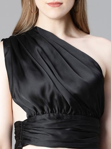 Image of oxolloxo Women Solid Elasticated One-Off Shoulder Satin Crop Top