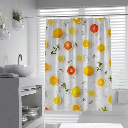 MUKULING Tropical Fruit Shower Curtain Fabric Lemon Grapefruit Orange Slices Grey Marble Shower Curtains Set for Bathroom Decoration with Hooks W48xL72in