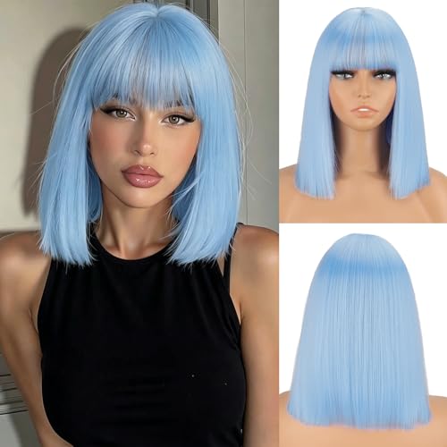 MERISIHAIR Blue Bob Wig with Bangs Straight Short Blue Wig for Women