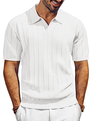 PJ PAUL JONES Camisas polo de punto de manga corta para hombre con cuello en V para golf, polos de verano con textura, blanco, XL
