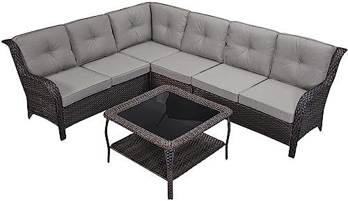 Pugire Outdoor Patio Sofas Conversation Sets - Wicker Patio Furniture Sectional Set with Deep Seating and Comfortable Cushion & Square Glass Top Coffee Table(Brown Wicker/Grey Cushion)