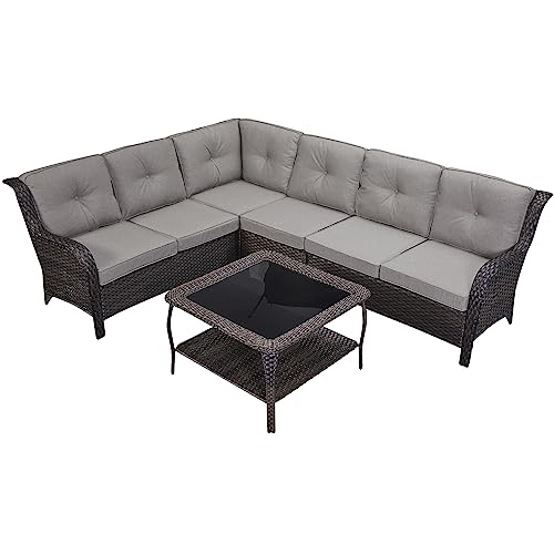 Pugire Outdoor Patio Sofas Conversation Sets - Wicker Patio Furniture Sectional Set With Deep Seating And Comfortable Cushion & Square Glass Top Coffee Table(Brown Wicker/Grey Cushion) #TOP15