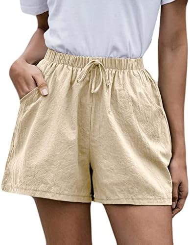 Womens Solid Cotton Linen Shorts Casual Drawstring Elastic Waist Summer Basic Shorts with Pockets Running Track Shorts