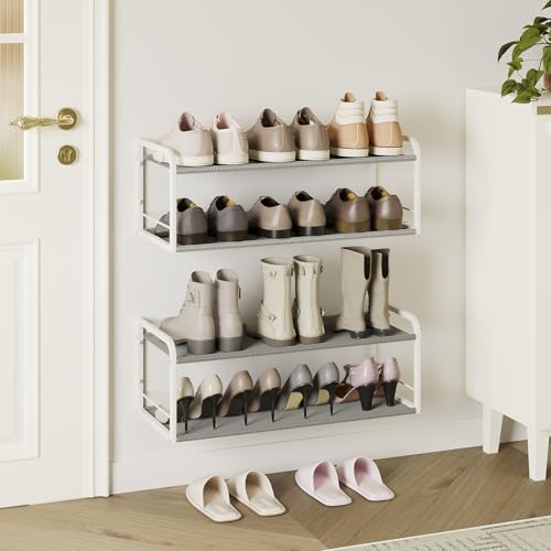 NANAGIFTREE 2 Pack Wall Mounted Shoe Rack, Carbon Steel Shoe Organizer with Removable Oxford Cloth, Non-Slip Space-Saving for Entryway Closet Bedroom, White