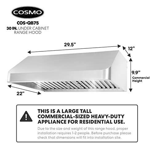 Cosmo Cos-Qb75 Under Cabinet 30 In. Range Hood With Push Button Controls, Permanent Filters, Led Lights, Convertible From Ducted To Ductless (Kit Not Included) In Stainless Steel (30 Inch) #TOP4