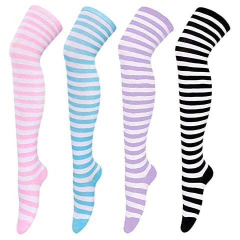 HYTENSUN Striped Thigh High Knee Socks Casual Extra Long Over Knee Stocking Leg Warmer for Women Girls, Soc827p4c, One Size Cover
