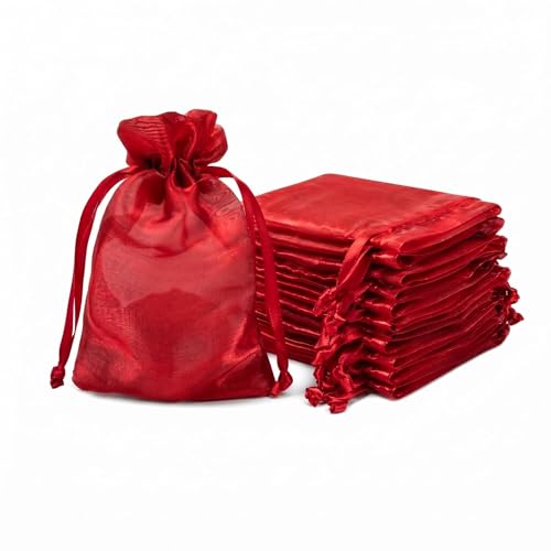 Image of QIANF 20 Pcs Red Small Organza Bags 4X6 inch for Wedding Favors with Drawstring, Mini Mesh Gift Bags Jewelry Pouch for Candy Bridal Shower Party Favor Baby Shower Christmas