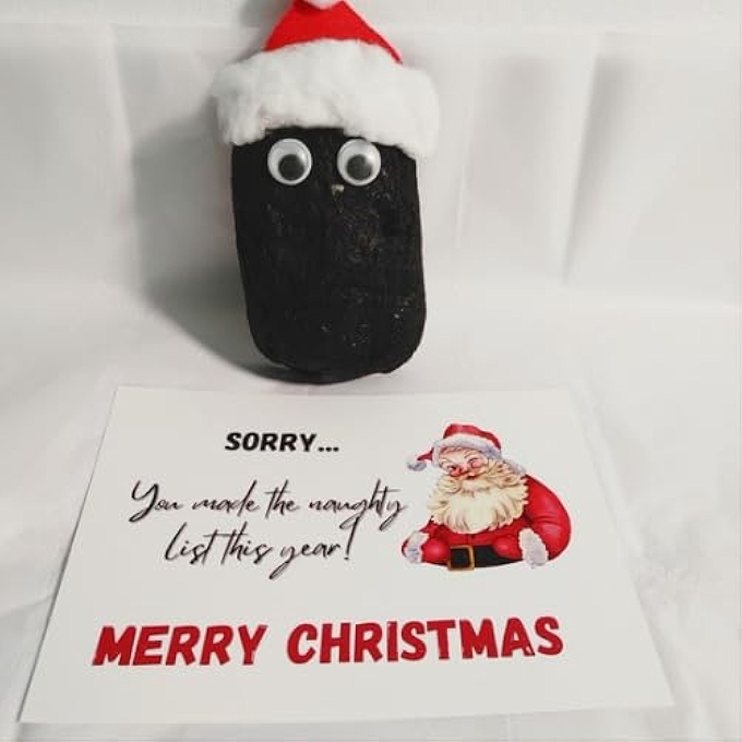 Handcrafted Christmas Lump of Coal Gag Gift with Hat and Googly Eyes