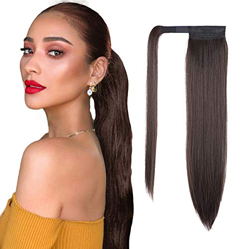 AISI QUEENS 24 inch Ponytail Extension Long Straight Wrap Around Clip in Synthetic Fiber Hair for Women (Chocolate Brown)