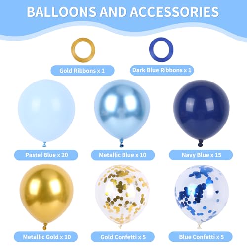 Image of RUBFAC Navy Blue Gold Balloon, Party Balloons Pastel Blue Metallic Confetti for Birthday Wedding Bridal Baby Shower Graduation Party Supplies, 65pcs 12 Inches