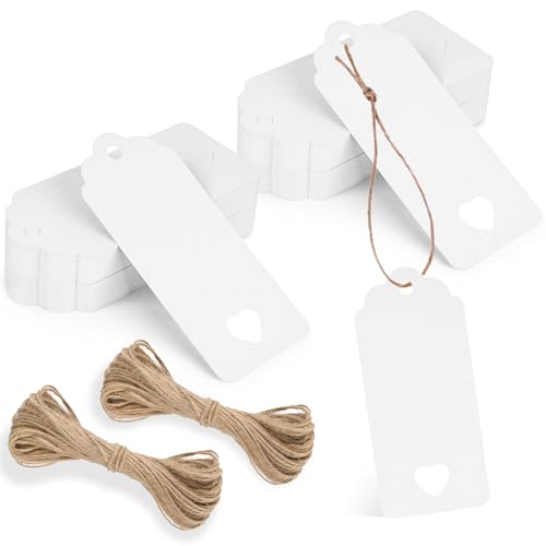 Cossaot 200 Piezas Etiquetas para Regalos, Corazón Etiquetas Papel Kraft con 40M Cuerda de Yute, 4.5×9.5CM Tag de Navidad, para Regalos de Boda, Artesanía Navidad Cumpleaños (Blanco)