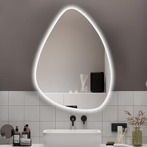 Niccy LED Irregular Bathroom Mirror, 28"x36" Teardrop Shape Frameless Wall Vanity Mirror, 3-Color Adjustal, Dimmable, Anti-Fog, Irregular Led Makeup Mirror, Smart Memory Function, IP65 Waterproof Cover