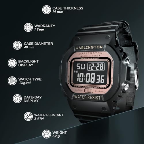 Image of Carlington Digital Sports Watch Dual Time, Alarm, Calendar, Stopwatch, Water-Resistant, Shock-Resistant, Back Light Display. The Perfect Watch for Men - CT 1801