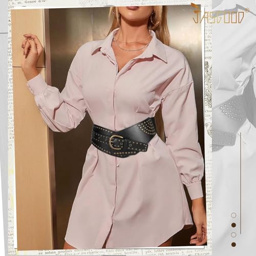 LAPRBY Women Vintage Wide Elastic Belt Rivets Stretchy Waist Belt with Metal Buckle3