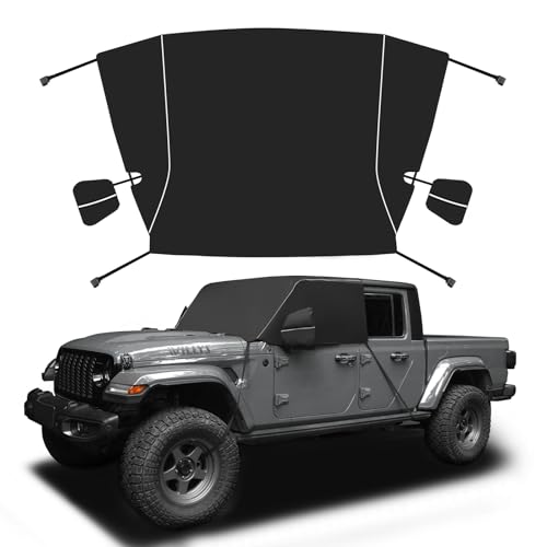 Image of Windshield & Front Side Window Snow Cover Compatible wirh Jeep Wrangle JL JT 18-24, 600D Oxford Cloth Windshield Cover with Mirror Cover for Sun, Rain, Snow, Sand, Dust, Leaves, Branches Protection