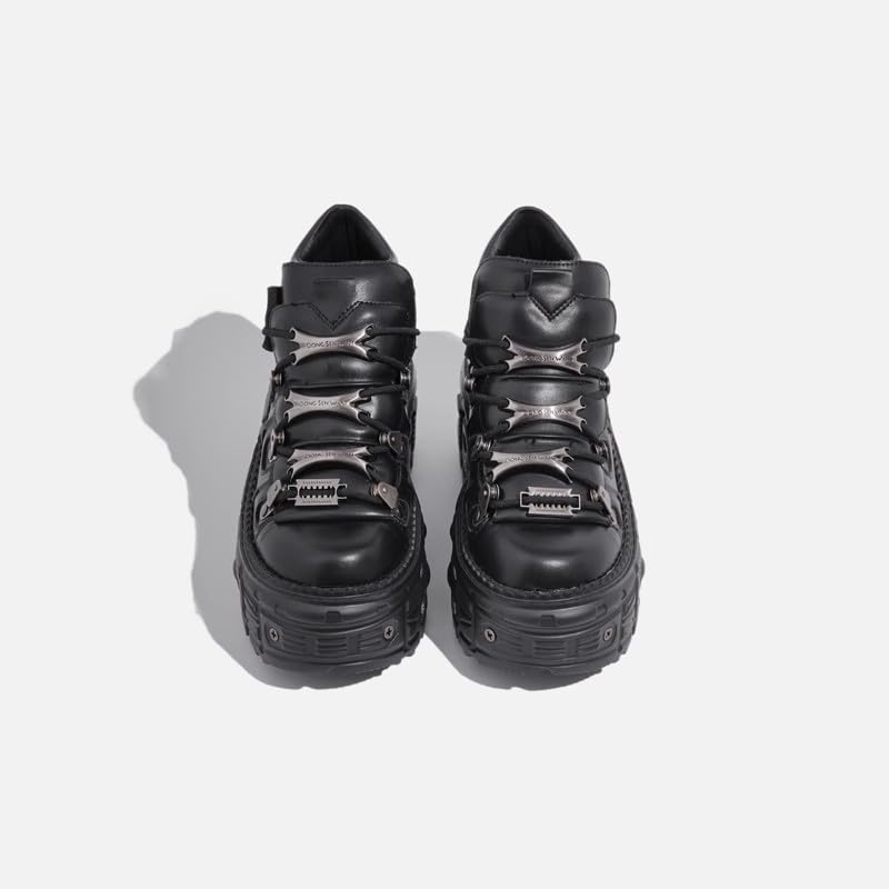 Cute Emo Shoes Platform Y2K Grunge Black Heels Wide Combat Boots with Metal Charms for Women Teen Girls Chunky Goth Punk Kawaii Retro Gifts for Daughter Granddaughter Back to School3