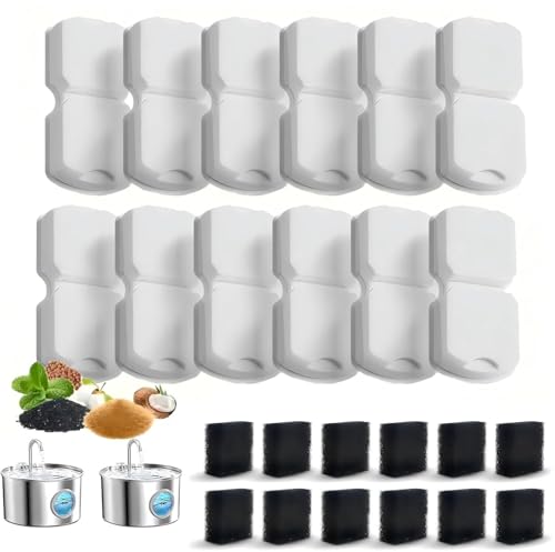 Filtre fontaine eau chat 24 filtres de fontaine à eau pour animaux domestiques atmziqxr en acier INOX, 12 filtres et 12 éponges pré-filtrantes pour fontaine...