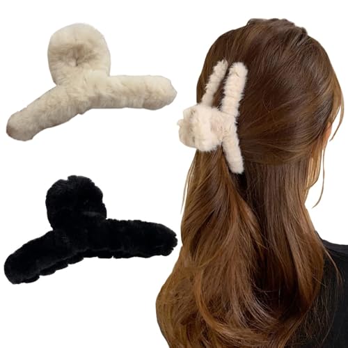 Pinces à cheveux pelucheuses en fausse fourrure lot de 2 grandes pinces pour cheveux épais