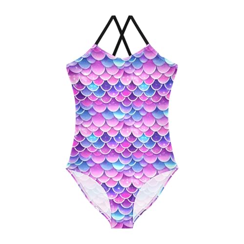 Mermaid Scales Pattern Girls Swimsuits Quick Dry Crossback One Piece Beach Swimwear Bathing Suit, 7-8T