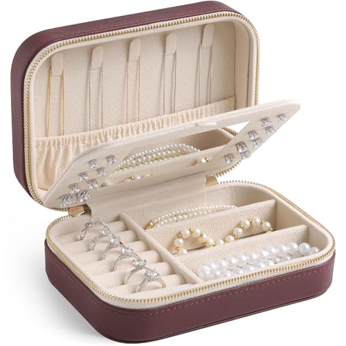 Image of Genuine Leather Travel Jewelry Organizer Case with Mirror for Women, Small Mini Portable Jewelry Box for Ring Earrings Necklace Bracelet Luxury Gift for Women(Burgundy)