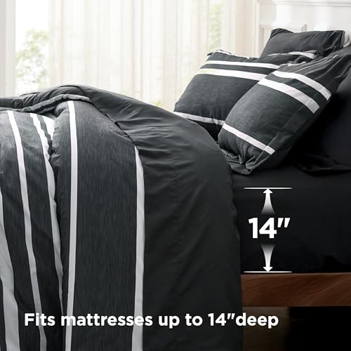 Image of Bedsure Twin Comforter Set 5 Pieces, Black Striped Bedding Set for All Seasons, Reversible, Cationic Dyeing Bed in a Bag with Comforter, Sheets, Pillowcase & Sham
