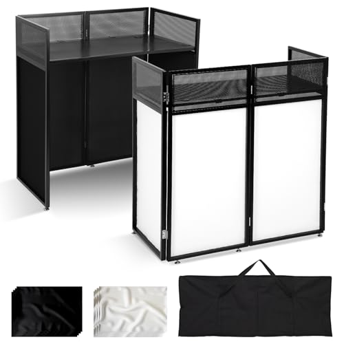 Portable DJ Booth Table Station 44'x42.2'x20.6', Foldable Metal Frame DJ Facade with Black & White...