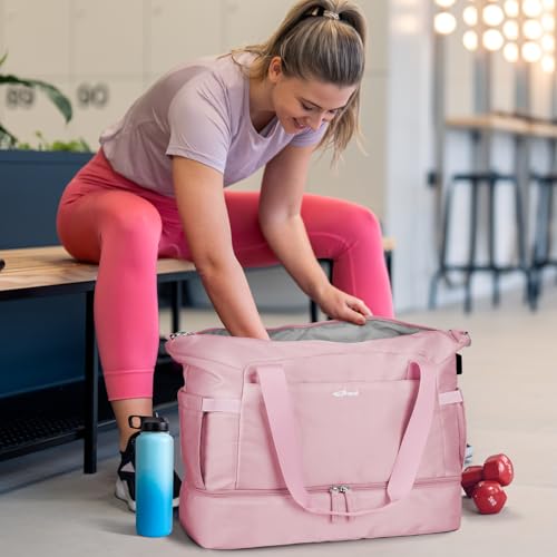 Image of Gym Bag for Women, Travel Duffel Bag with Shoes Compartment, Weekender Bag, Pink, Large