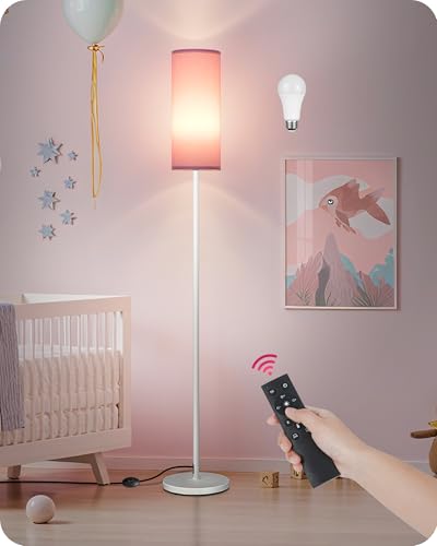 Image of Dimmable Floor Lamps for Living Room with Remote and Foot Switch, 64.4 inch Modern Standing Tall Lamp, Corner Lamp for Bedroom, Bulb Included, 3000K-6500K, FCC Listed, Pink and White WP06LD05W1