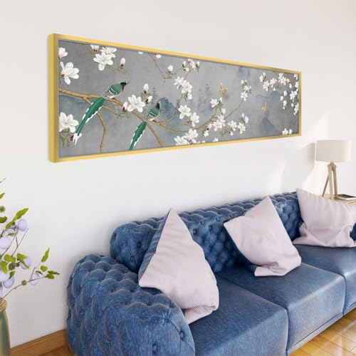 Image of White Floral Love Bird Nature Large Canvas Painting Framed Panel Wall Painting, Framed Luxury Paintings for Home Decoration, Living room, Bedroom & Office Decor - Grey, 13x47 Inch